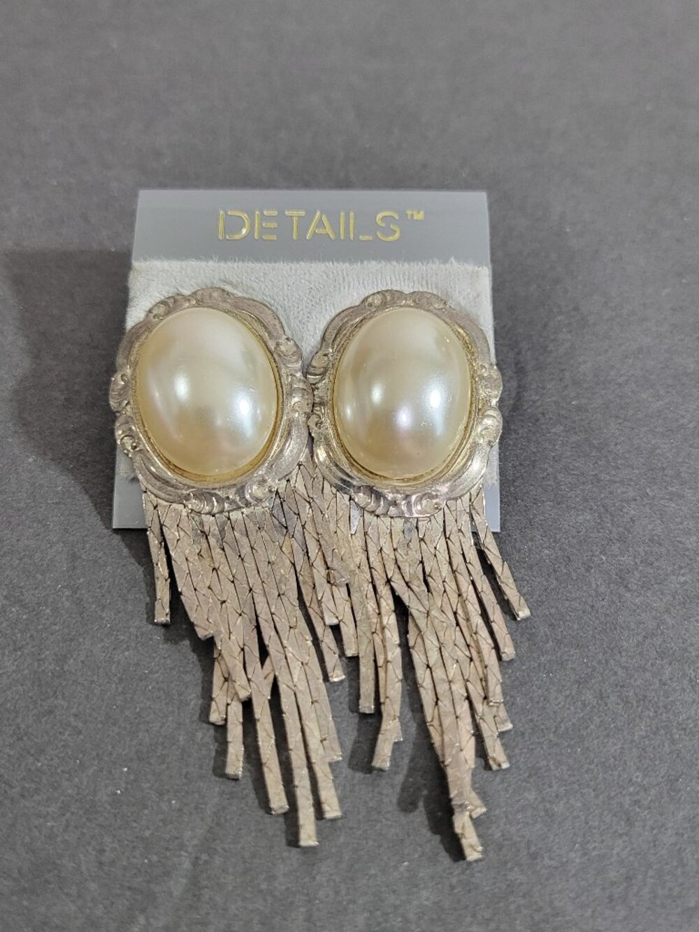 Large Faux Pearl Clip on Earring Silver Tone Metal Fringe Statement 80s Bold